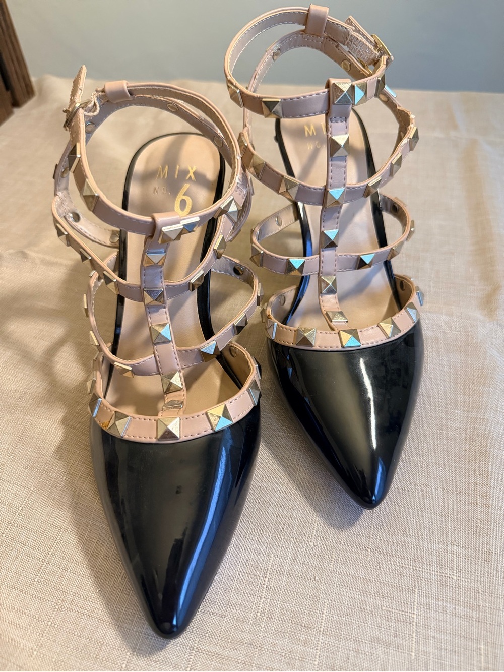 Mix No. 6 Black Patent Pointed Pumps with Nude Studded Straps